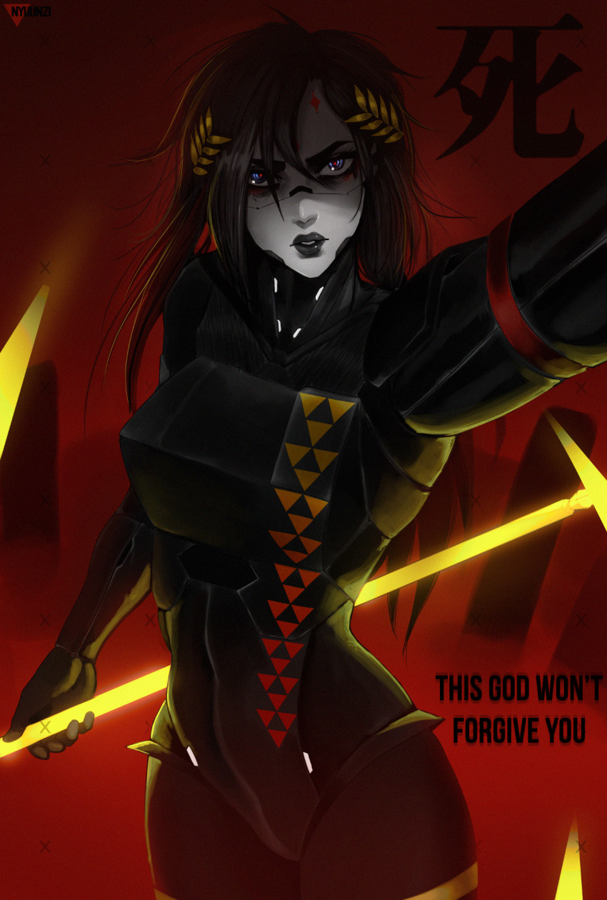 1girl, android, bags_under_eyes, black_lips, blue_eyes, colored_skin, commentary, english_commentary