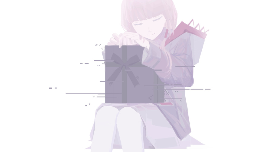 1girl, absurdres, box_on_lap, closed_eyes, closed_mouth, commentary_request, dress, facing_viewer