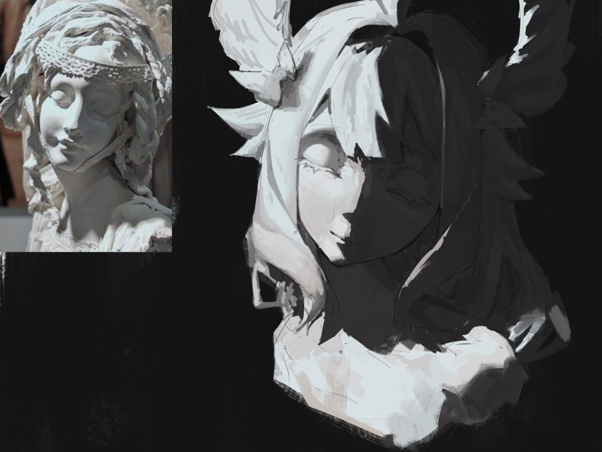 1girl, black_background, bow, closed_eyes, closed_mouth, commentary, cursedweeboo, enna_alouette, eyelashes, facing_viewer, faux_traditional_media, greyscale, hair_bow, hair_intakes, head_tilt, head_wings, highres, light_smile, medium_hair, monochrome, multiple_hair_bows, nijisanji, nijisanji_en, portrait, reference_inset, solo, statue, virtual_youtuber, wings