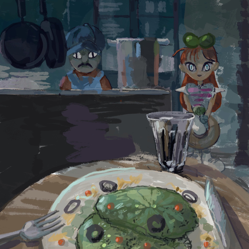 <|>_<|>, 1boy, 1girl, black_eyes, blue_overalls, boots, bow, closed_mouth, commentary, counter, cup, dress, drinking_glass, facial_hair, food, fork, frying_pan, gloves, green_bow, hair_bow, hat, highres, holding, holding_tray, indoors, kenji_(moon), knife, kris_(moon), looking_at_viewer, moon_(love-de-lic), mustache, open_mouth, orange_hair, orange_shirt, overalls, plate, restaurant, sakusakufugashi, salad, shirt, short_dress, sleeveless, sleeveless_dress, smile, standing, straight-on, table, tray, tsurime, v_arms, white_dress, white_eyes, white_footwear, white_gloves, wide_shot