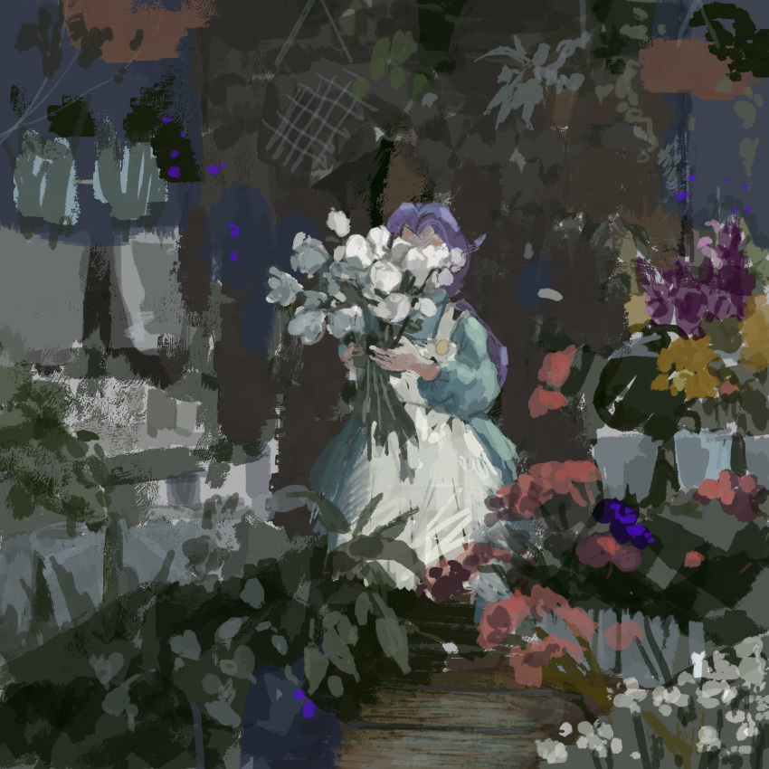 1girl, apron, blue_dress, bouquet, commentary, covered_face, curtained_hair, dress, facing_viewer, flora_(moon), flower, flower_pot, flower_shop, hanging_plant, highres, holding, holding_bouquet, indoors, long_hair, long_sleeves, moon_(love-de-lic), plant, potted_plant, purple_flower, purple_hair, red_flower, sakusakufugashi, shop, solo, standing, white_apron, white_flower, wide_shot, yellow_flower