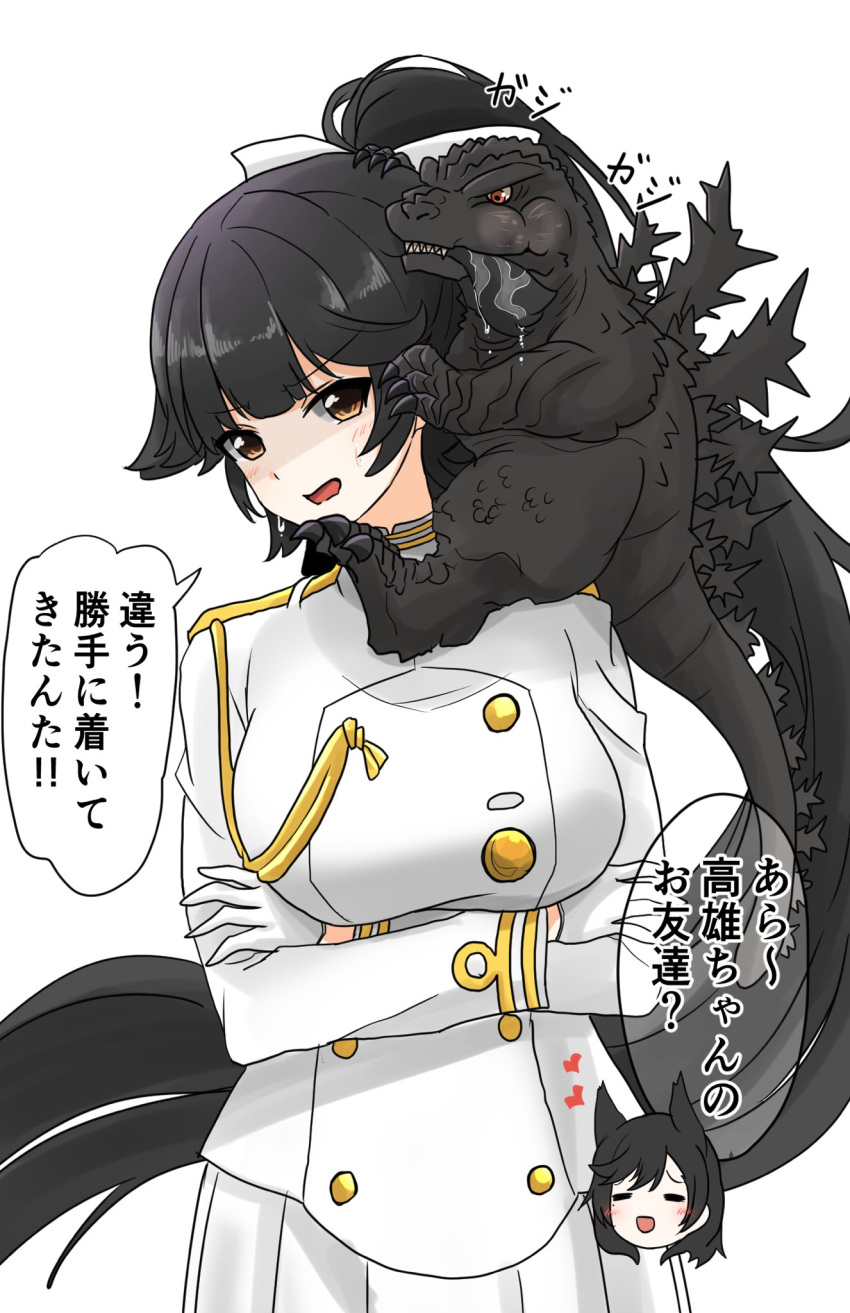 2girls, atago_(azur_lane), azur_lane, black_hair, blush, bow, breasts, brown_eyes, crossed_arms, embarrassed, gloves, godzilla_(series), godzilla_minus_one, hair_bow, hair_ears, hair_flaps, highres, ibuki_(tulta_icon), kaijuu, large_breasts, long_hair, military_uniform, molestation, multiple_girls, open_mouth, ponytail, ribbon, spines, takao_(azur_lane), uniform, very_long_hair, white_bow, white_ribbon