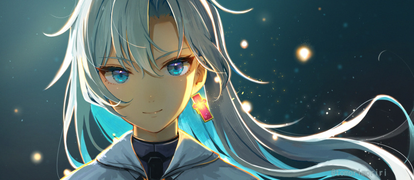 1girl, a_(xenoblade), blue_eyes, closed_mouth, earrings, grey_hair, hair_between_eyes, hair_intakes, highres, jewelry, light_particles, long_hair, looking_at_viewer, messy_hair, single_earring, smile, solo, spiky_hair, tomorimoriri, upper_body, very_long_hair, xenoblade_chronicles_(series), xenoblade_chronicles_3, xenoblade_chronicles_3:_future_redeemed