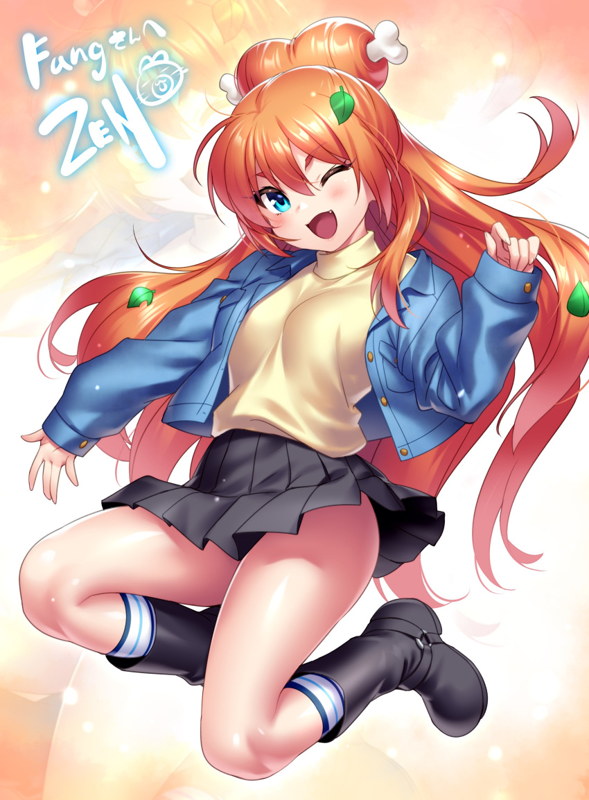 1girl, ;d, absurdres, aqua_eyes, black_footwear, black_skirt, blue_jacket, blush, boned_meat, boots, commentary, commission, cosplay, english_commentary, fang, fang_guu, floating_hair, food, full_body, hair_ornament, hand_up, highres, indie_virtual_youtuber, jacket, kanon, leaf_hair_ornament, long_hair, looking_at_viewer, meat, miniskirt, one_eye_closed, open_clothes, open_jacket, open_mouth, orange_background, orange_hair, pleated_skirt, sawatari_makoto, sawatari_makoto_(cosplay), second-party_source, shiny_skin, shirt, simple_background, skeb_commission, skirt, sleeves_past_wrists, smile, solo, thick_eyebrows, thighs, turtleneck, v-shaped_eyebrows, very_long_hair, virtual_youtuber, yellow_shirt, zen_(kamuro)