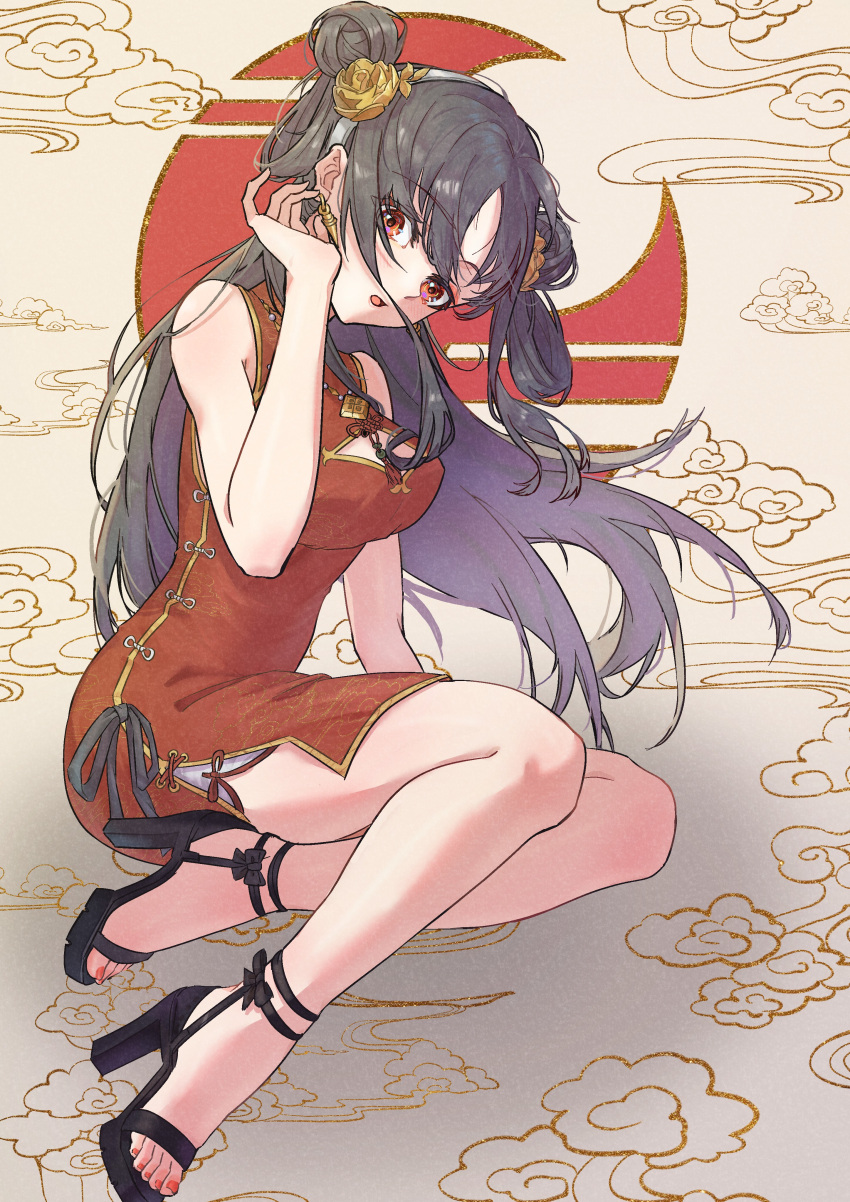1girl, absurdres, alternate_costume, black_hair, china_dress, chinese_clothes, clip_studio_paint_(medium), crescent, double_bun, dress, duang_(user_tsag8258), earrings, flower, gold_earrings, hair_bun, hair_flower, hair_ornament, hand_up, high_heels, highres, jewelry, long_hair, looking_at_viewer, red_dress, red_eyes, red_nails, solo, spy_x_family, yor_briar