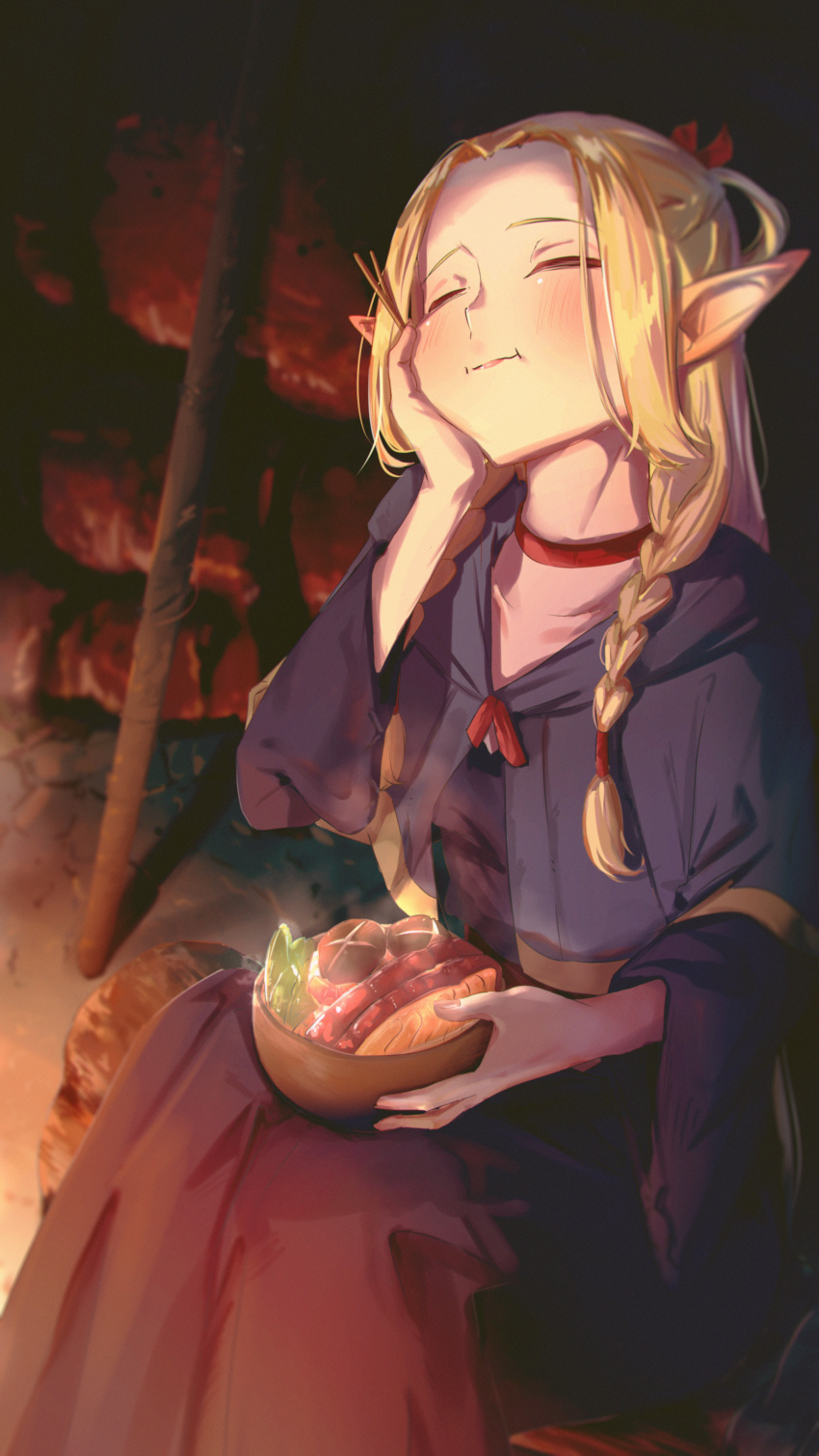 1girl, absurdres, blonde_hair, blue_capelet, blue_robe, bowl, braid, capelet, closed_eyes, closed_mouth, dungeon_meshi, eating, elf, food, hair_ribbon, hand_on_own_cheek, hand_on_own_face, highres, imori_(imori7), log, marcille_donato, meat, multiple_braids, night, outdoors, pointy_ears, red_ribbon, ribbon, robe, sitting, solo, steam