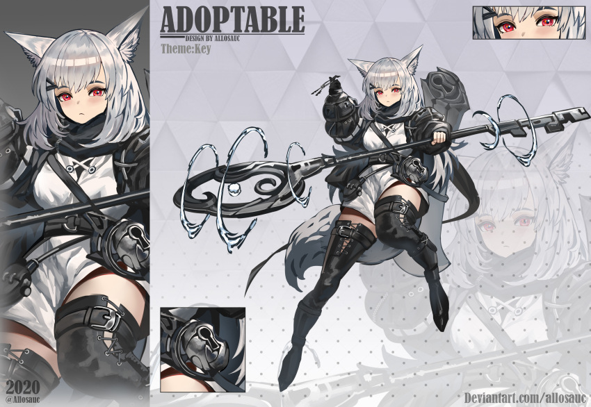 1girl, 2020, adoptable, allosauc, animal_ear_fluff, animal_ears, artist_name, bag, belt, belt_buckle, black_bag, black_belt, black_footwear, black_gloves, black_jacket, black_scarf, black_sleeves, boots, buckle, canteen, close-up, closed_mouth, commentary, cowboy_shot, cropped_jacket, deviantart_username, english_commentary, english_text, frown, gloves, gradient_background, grey_background, hair_ornament, hairclip, highres, holding, holding_jewelry, holding_ring, holding_staff, jacket, jewelry, keyhole, keyring, light_blush, long_sleeves, looking_at_viewer, medium_hair, multiple_views, open_clothes, open_jacket, original, polka_dot, polka_dot_background, projected_inset, puffy_long_sleeves, puffy_sleeves, red_eyes, reference_sheet, ring, scarf, shirt, short_shorts, shorts, shoulder_bag, simple_background, single_glove, staff, tail, thigh_belt, thigh_boots, thigh_strap, triangle_background, white_hair, white_shirt, white_shorts, wolf_ears, wolf_tail, zipper