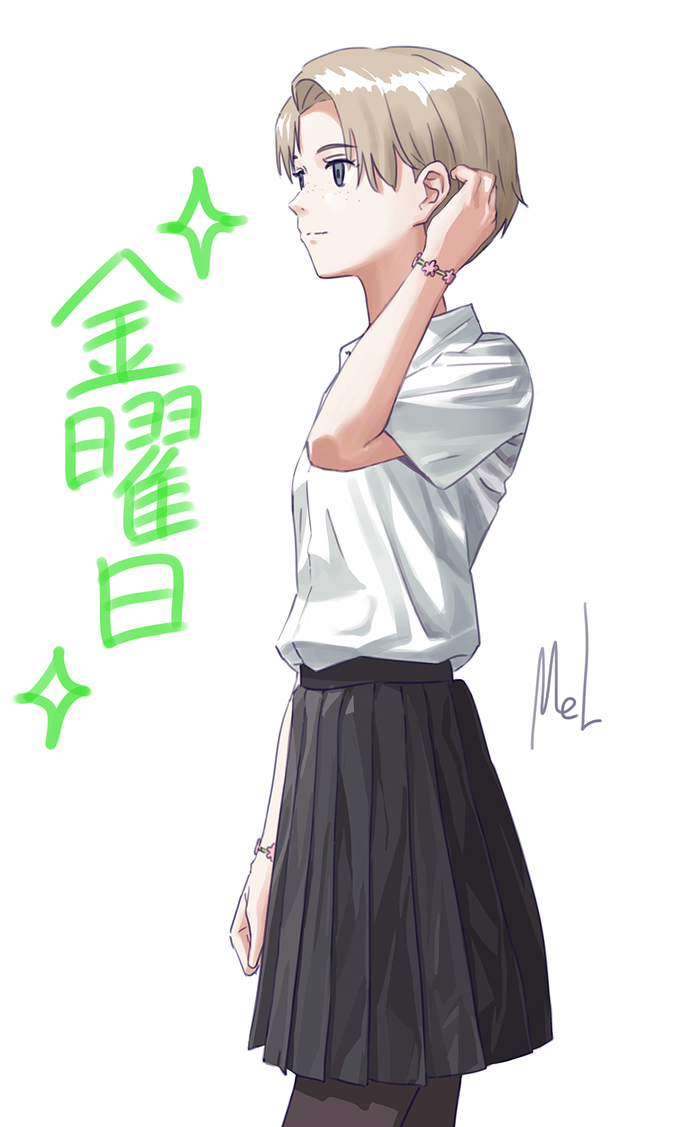 1girl, arms_up, freckles, from_side, grey_hair, highres, kodama_(sonny_boy), mac_naut, pantyhose, pleated_skirt, shirt, short_hair, short_sleeves, signature, skirt, sonny_boy, standing, white_background, white_shirt, wristband