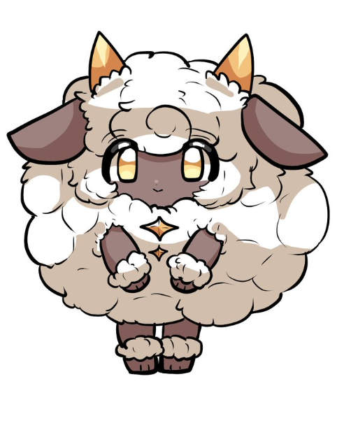 1girl, animal_ears, dark_skin, full_body, gijinka, horns, lamball, looking_at_viewer