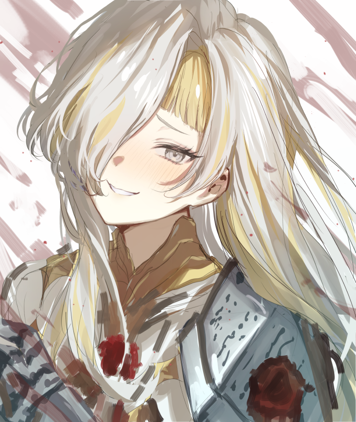 1girl, alternate_hair_length, alternate_hairstyle, armor, blonde_hair, blush, commentary, grey_eyes, grey_hair, hair_over_one_eye, kanmei, kromer_(project_moon), limbus_company, long_hair, looking_at_viewer, multicolored_hair, one_eye_covered, pauldrons, portrait, project_moon, shoulder_armor, sidelocks, single_pauldron, smile, solo, streaked_hair, symbol-only_commentary, teeth, two-tone_hair, wax_seal