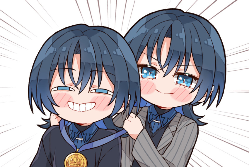 1girl, androgynous, black_shirt, black_sweater_vest, blue_eyes, blue_hair, blue_shirt, blush