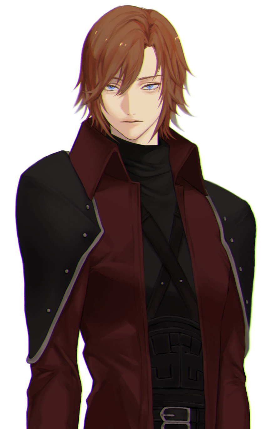 1boy, absurdres, armor, belt, black_belt, black_shirt, blue_eyes, brown_hair