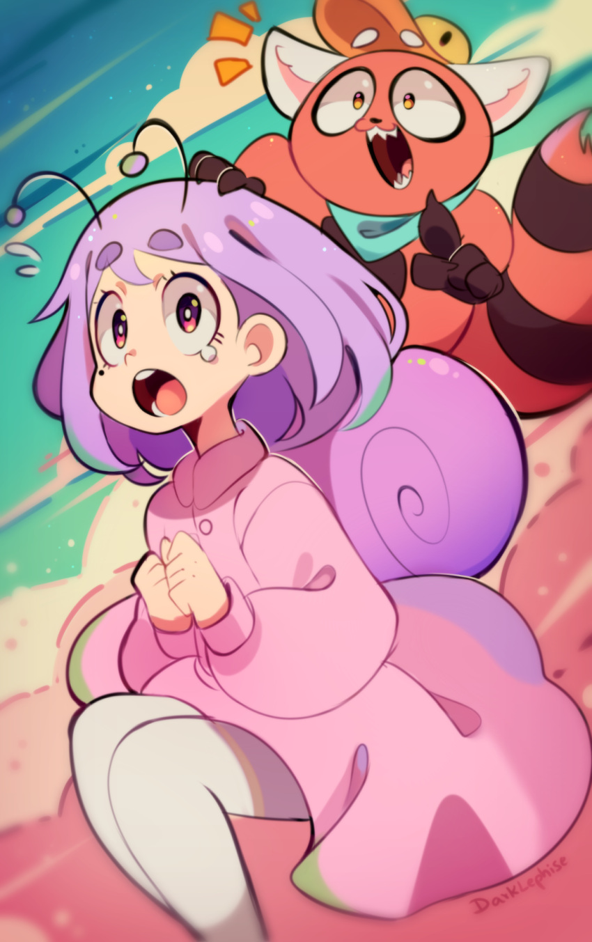 1girl, animal, animal_on_back, antennae, artist_name, black_eyes, blue_sky, blurry