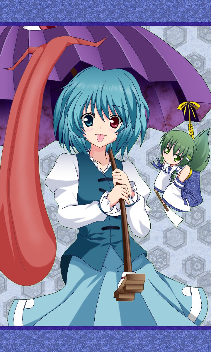 blue_hair, heterochromia, highres, karakasa_obake, kawazuishi, kochiya_sanae, tatara_kogasa, tongue