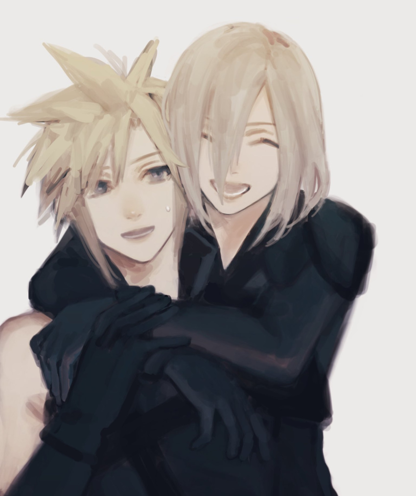 2boys, armor, arms_around_neck, black_gloves, blonde_hair, blue_eyes, closed_eyes, cloud_strife