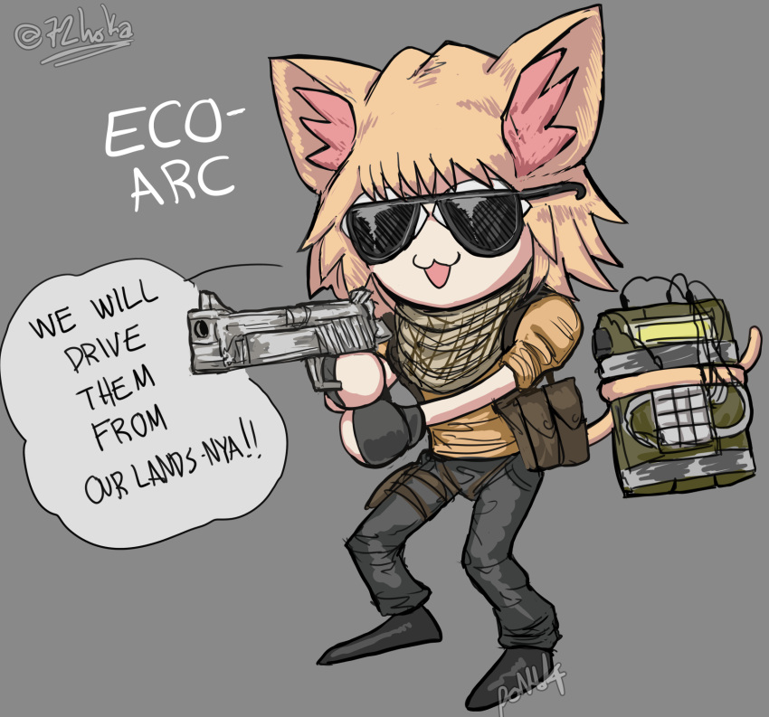 1girl, :3, animal_ears, black-framed_eyewear, black_footwear, black_gloves, blonde_hair, brown_scarf
