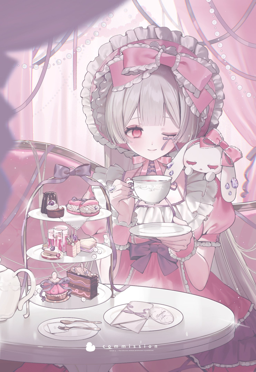 1girl, ;), bow, bowtie, cake, cake_slice, canele, closed_mouth