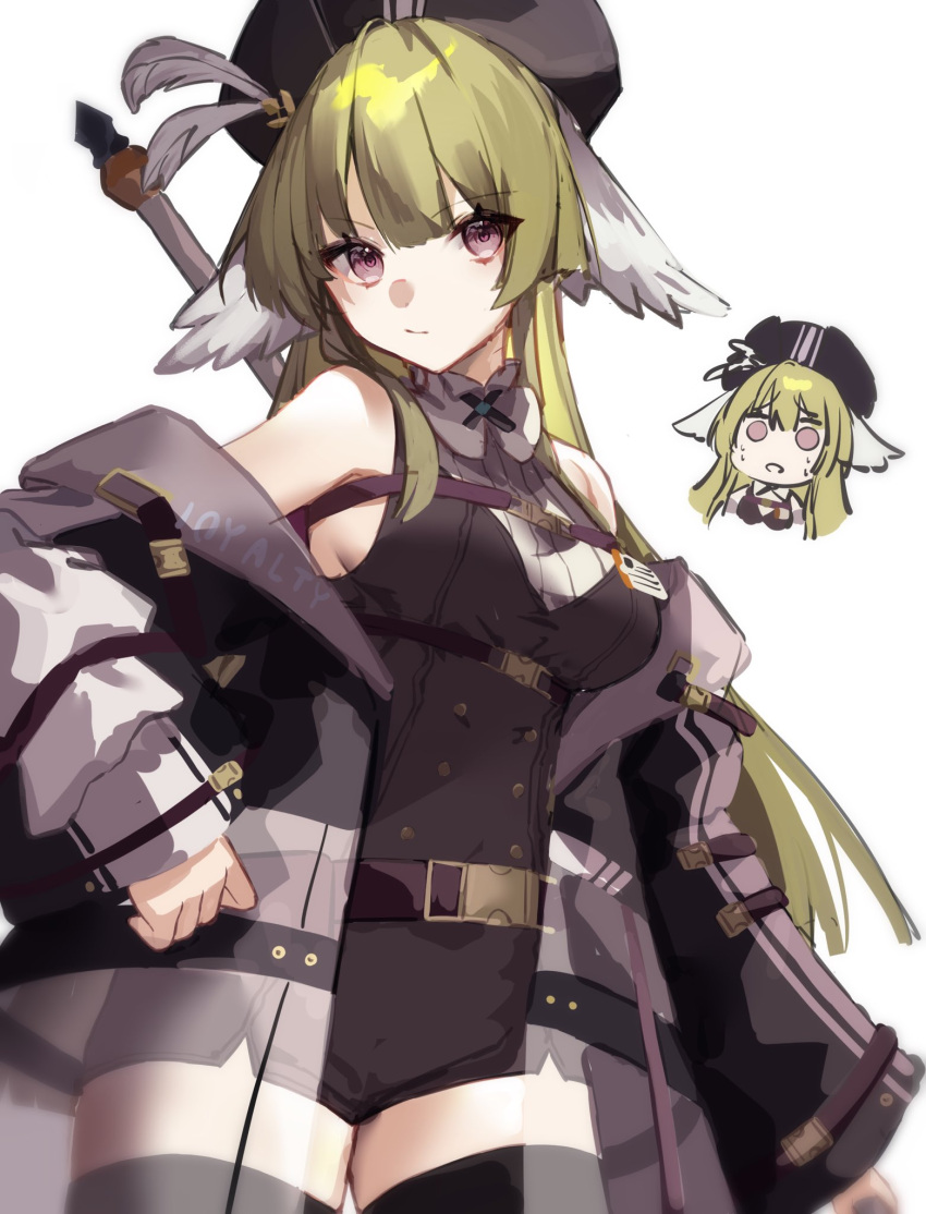 1girl, arknights, black_thighhighs, coat, feather_hair, goma_74umai, green_hair, hat
