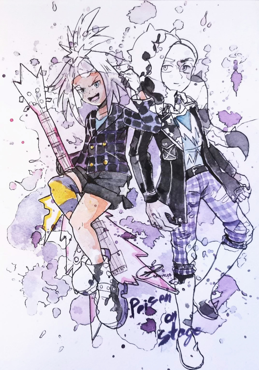 1boy, 1girl, appleko, black_gloves, blue_shirt, boots, gloves, guitar