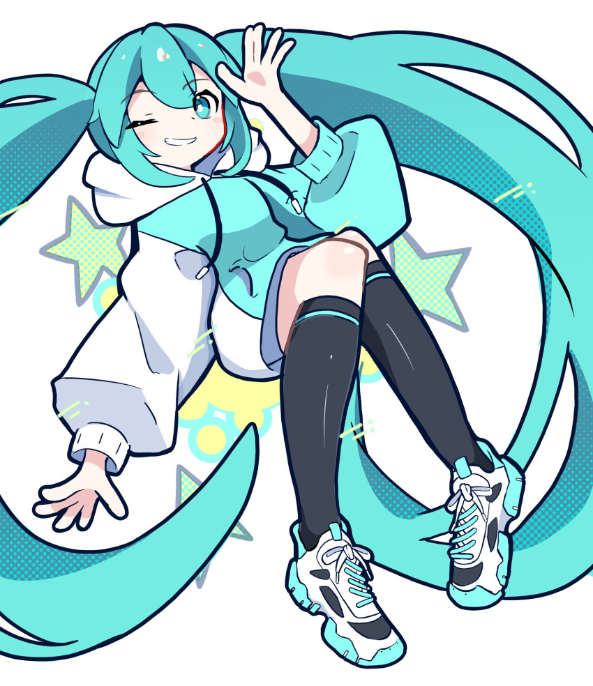 aqua_eyes, aqua_footwear, aqua_hair, aqua_hoodie, asymmetrical_clothes, baggy_clothes, black_socks, blush_stickers