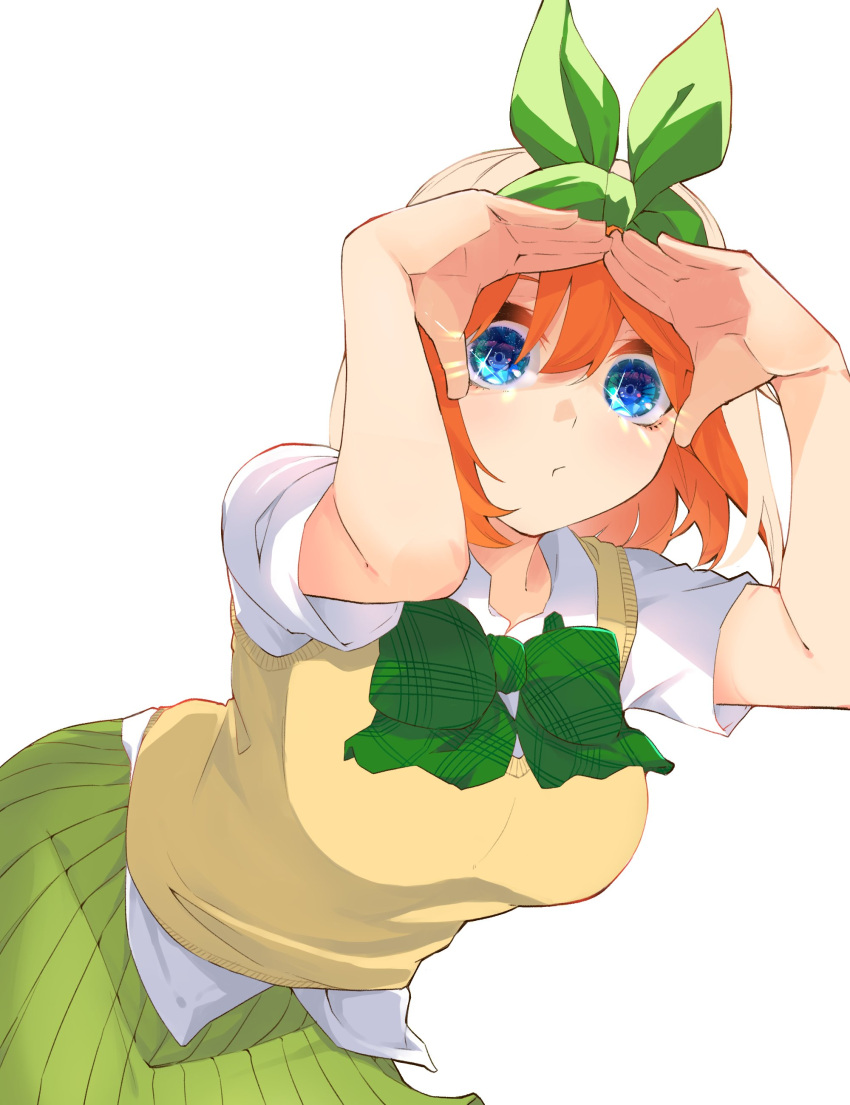 1girl, absurdres, blue_eyes, bow, breasts, commentary_request, go-toubun_no_hanayome, green_bow