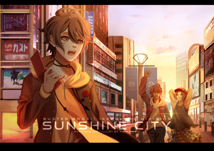 3boys, ^_^, alternate_costume, antenna_hair, arm_up, arms_behind_head, artist_name, badge