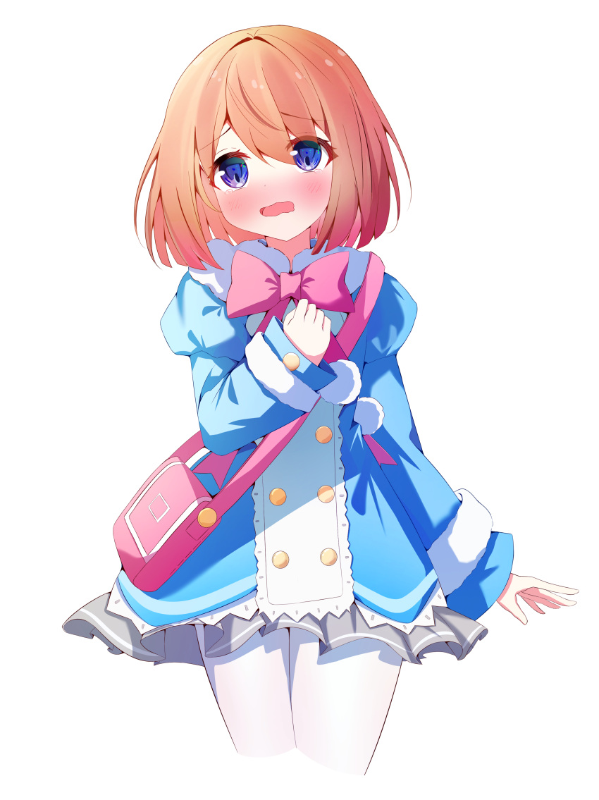 1girl, :o, absurdres, bag, blue_coat, blue_eyes, blush, bow