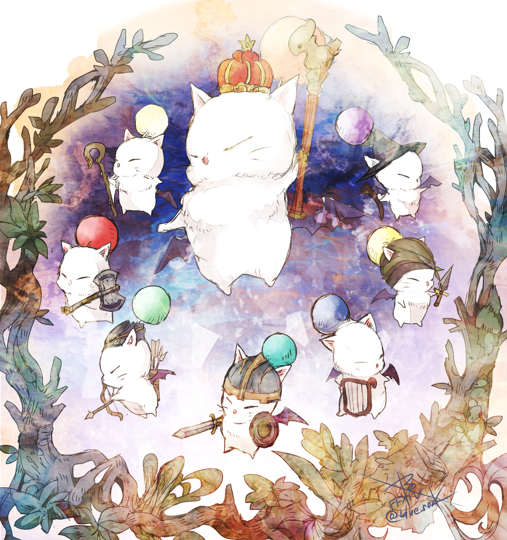 axe, bandana, bow_(weapon), crown, dagger, final_fantasy, final_fantasy_xiv, flying