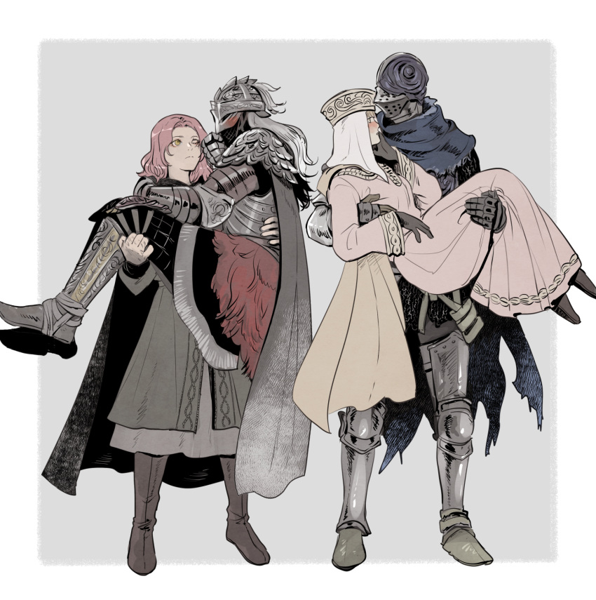 2boys, 2girls, armor, armored_boots, black_cape, blonde_hair, blue_scarf, blush, boots, breasts, brown_footwear, cape, carrying, character_request, check_character, coat, commentary_request, covered_face, dress, elden_ring, embarrassed, facial_mark, facing_to_the_side, full_armor, full_body, gauntlets, gloves, grey_background, grey_cape, grey_coat, grey_dress, grey_gloves, grey_pants, hand_on_another's_back, hand_on_another's_shoulder, hand_on_own_face, hat, height_difference, helmet, highres, kero_1110, knee_boots, long_hair, looking_at_another, melina_(elden_ring), multiple_boys, multiple_girls, one_eye_closed, outside_border, pants, pauldrons, pink_hair, plate_armor, princess_carry, profile, roundtable_knight_vyke, scarf, shoulder_armor, simple_background, standing, tarnished_(elden_ring), thigh_boots, veil, white_dress, white_hair