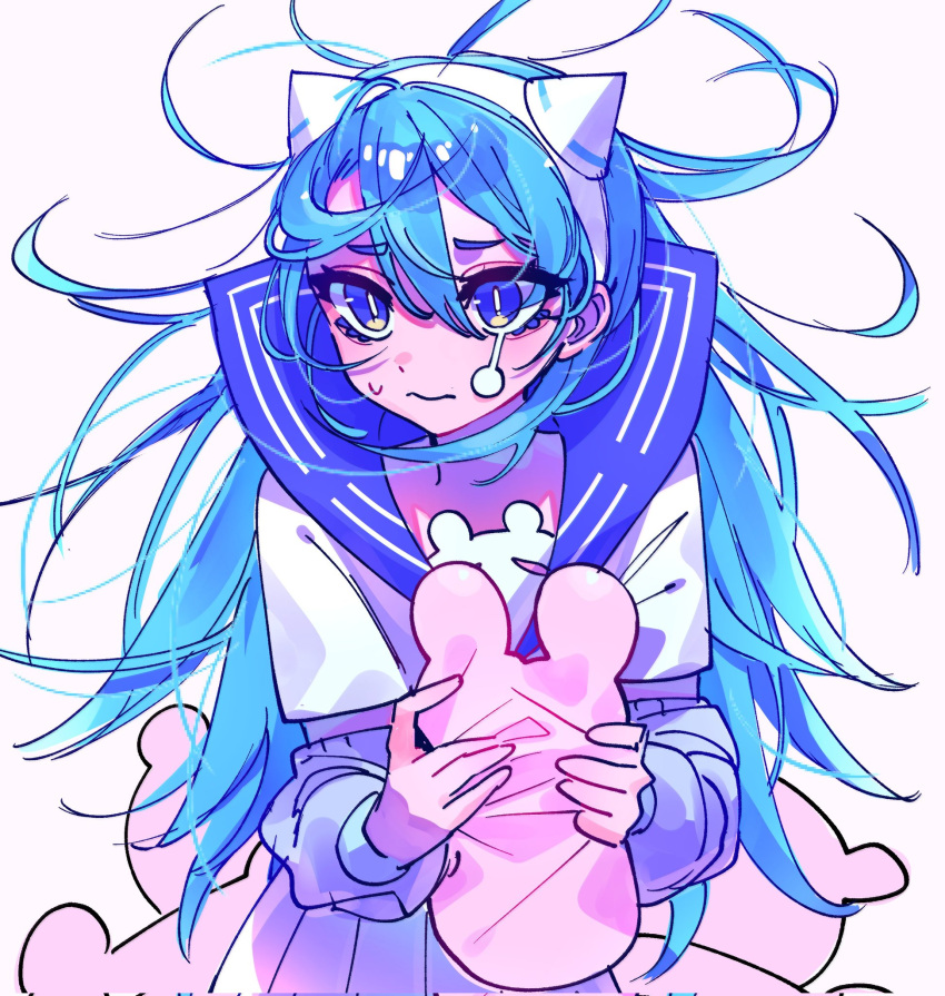 1girl, ado_(utaite), arm_warmers, blue_eyes, blue_hair, blue_sailor_collar, closed_mouth, cloud_nine_inc