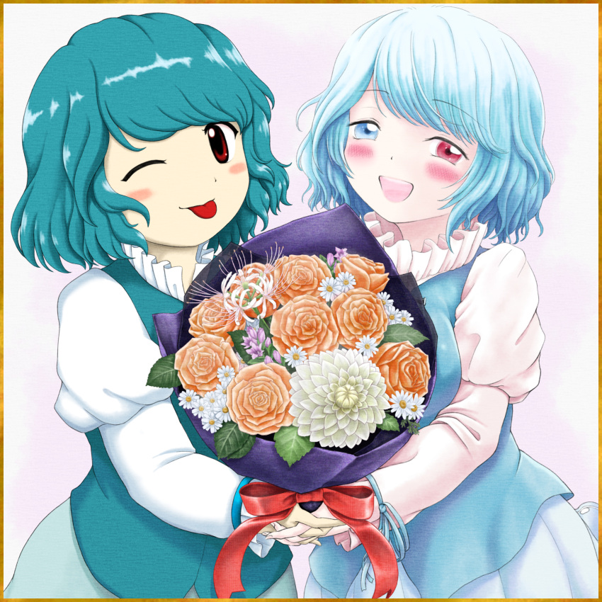 2girls, :d, ;q, artist_request, blue_eyes, blue_hair, blue_vest, blush