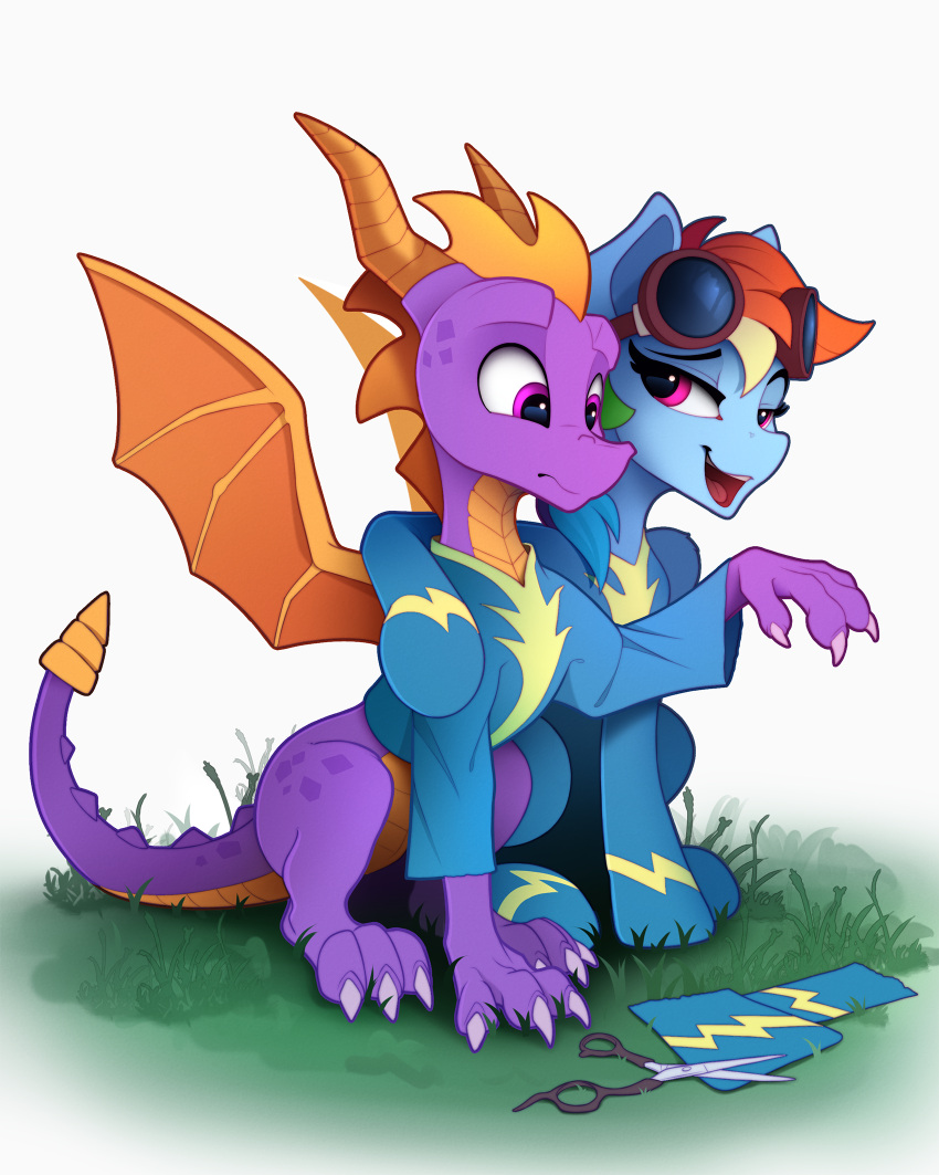 1boy, 1girl, animal, arm_around_shoulder, blue_fur, blue_shirt, clothed_animal, colored_skin