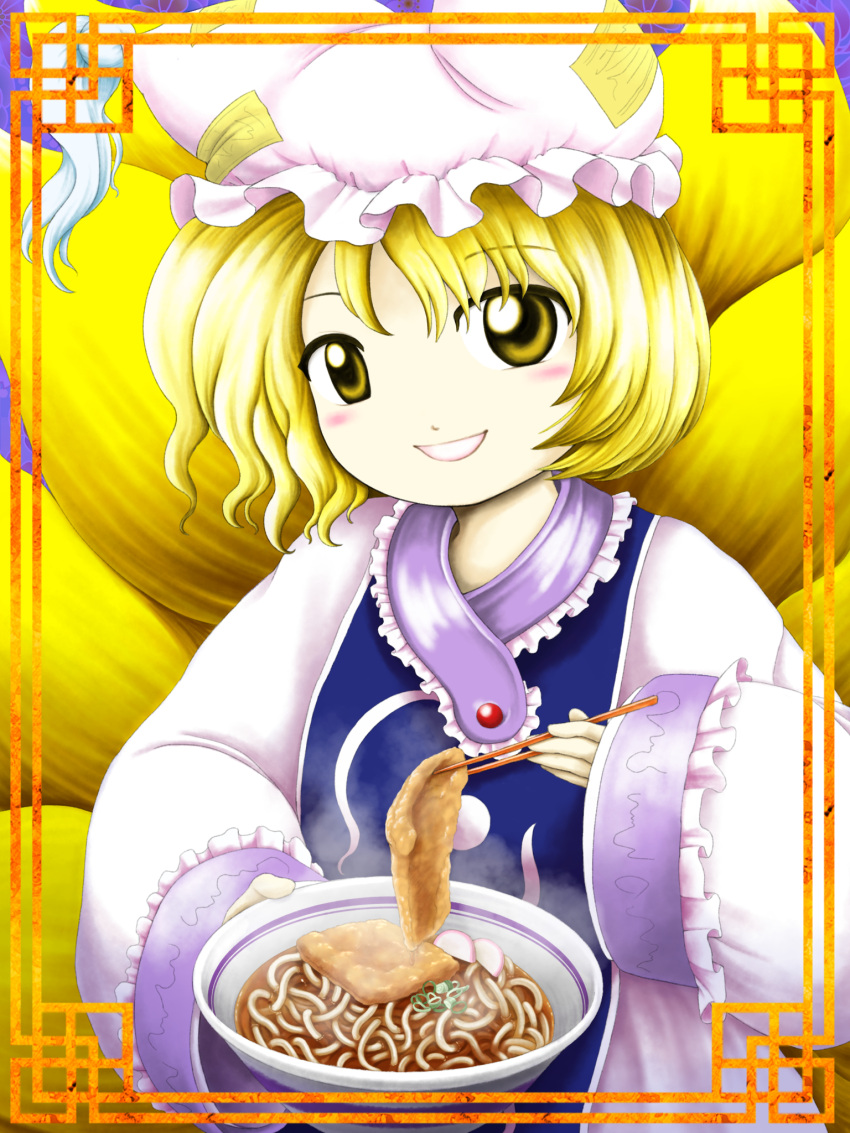 1girl, aburaage, blonde_hair, blue_tabard, border, bowl, chopped_spring_onion, chopsticks