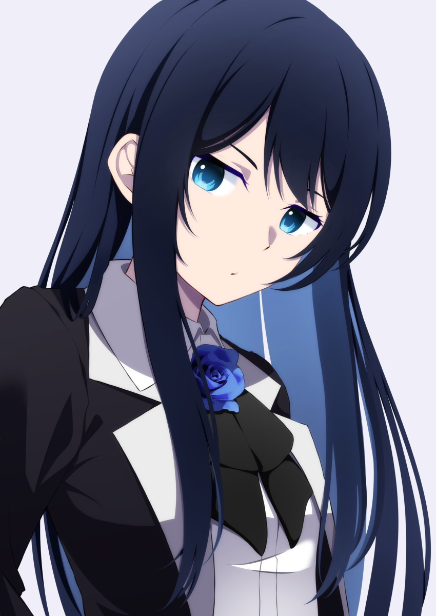 1girl, ado_(utaite), black_bow, black_bowtie, black_coat, blue_eyes, blue_flower, blue_hair, blue_rose, bow, bowtie, chando_(ado), closed_mouth, cloud_nine_inc, coat, collared_shirt, colored_inner_hair, commentary, dark_blue_hair, dress_shirt, flower, flower_brooch, grey_background, highres, long_hair, looking_at_viewer, multicolored_hair, nori_(norinori_yrl), open_clothes, open_coat, rose, shirt, sidelocks, simple_background, solo, upper_body, utaite, white_shirt