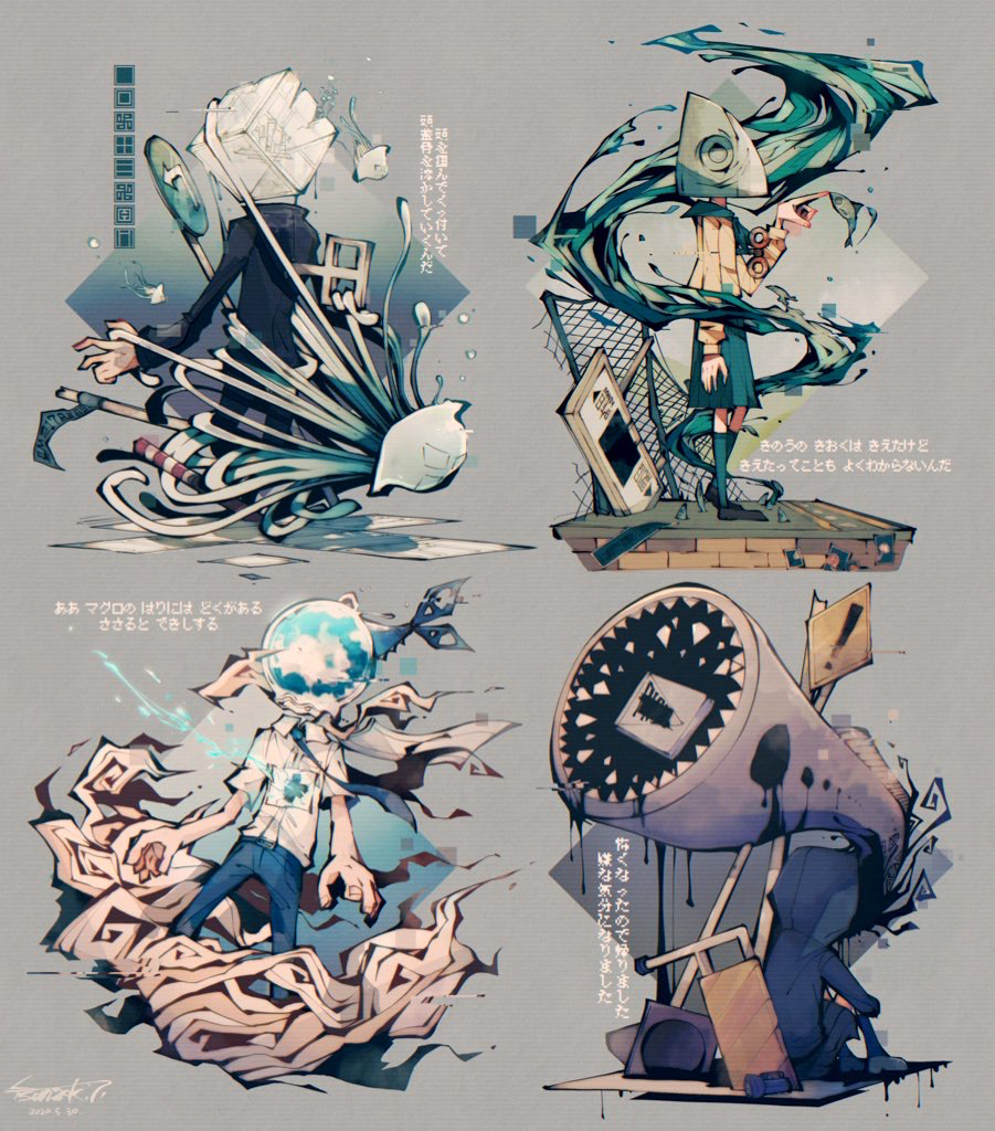 2boys, 2girls, blue_sailor_collar, business_suit, fish, grey_background, hood, hoodie, iwashi_ga_tsuchi_kara_haetekuru_n_da_(utau), jellyfish, koronba, kurage_(koronba), kuromaguro_ga_tondekuru, lamprey, multiple_boys, multiple_girls, object_head, pants, pleated_skirt, road_sign, sailor_collar, salaryman, sardine, school_uniform, sign, skirt, suit, traffic_cone, tsunzaki, tuna, yatsume_ana