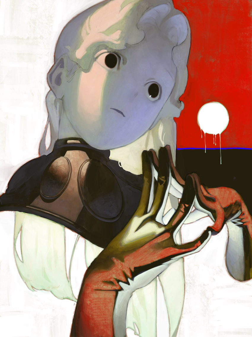 1girl, abstract_background, black_background, black_eyes, circle, closed_mouth, collar, colored_skin