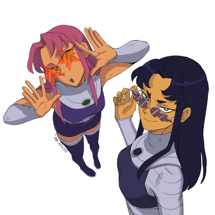2girls, adjusting_eyewear, blackfire, boots, bracer, breasts, colored_skin, commentary