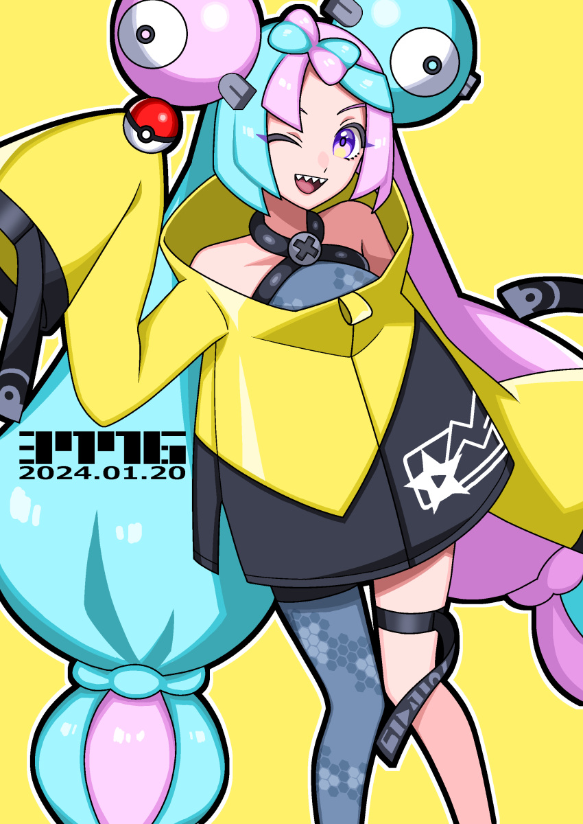 1girl, ;d, absurdres, bow-shaped_hair, character_hair_ornament, commentary_request, green_hair, grey_shirt, hair_ornament, hand_up, happy, hasshin_nina, highres, iono_(pokemon), jacket, long_hair, multicolored_hair, one_eye_closed, open_mouth, outline, pink_hair, poke_ball, poke_ball_(basic), pokemon, pokemon_sv, sharp_teeth, shirt, single_leg_pantyhose, sleeveless, sleeveless_shirt, sleeves_past_fingers, sleeves_past_wrists, smile, solo, teeth, thigh_strap, tongue, twintails, two-tone_hair, upper_teeth_only, yellow_background, yellow_jacket