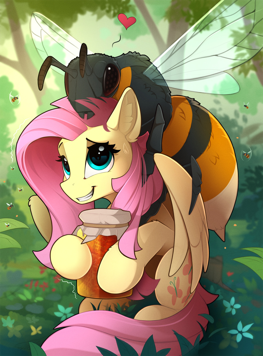 1girl, blue_eyes, fluttershy, grass, heart, highres, honey, insect_wings