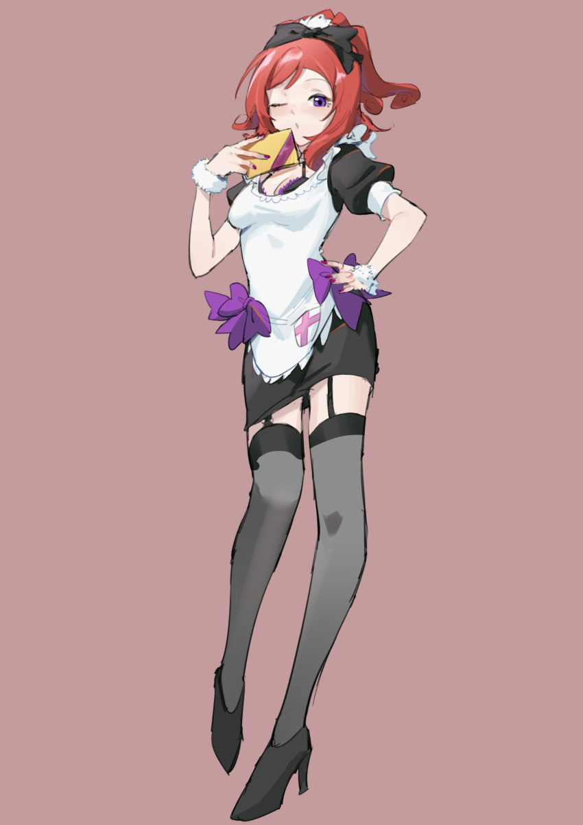 1girl, absurdres, apron, bra, bracelet, closed_mouth, garter_straps, high_heels