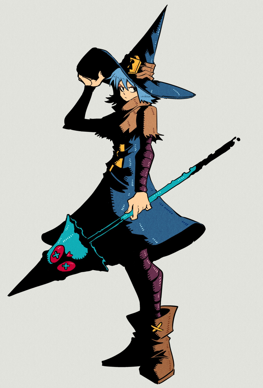 1girl, absurdres, black_eyes, blue_dress, blue_hair, blue_headwear, boots, brown_capelet, brown_footwear, capelet, dress, film_grain, fingernails, from_side, full_body, hair_between_eyes, hand_on_headwear, hand_up, hat, hat_ornament, high_collar, highres, holding, holding_staff, holding_weapon, lock_hat_ornament, long_sleeves, looking_to_the_side, medium_dress, medium_hair, original, oversized_footwear, purple_sleeves, sidelighting, simple_background, solo, staff, standing, torn_clothes, vakodraws, weapon, white_background, witch_hat
