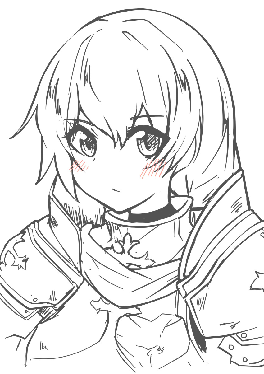 1girl, absurdres, armor, black_bodysuit, blush, bodysuit, grimlight, highres, long_hair, looking_to_the_side, monochrome, partially_colored, serious, shoulder_pads, sinocya_nanami, sketch, solo, tin_knight_(grimlight), upper_body
