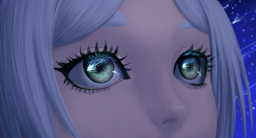 1girl, elf, eye_reflection, frieren, green_eyes, grey_hair, night, night_sky