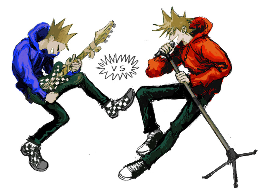 black_eyes, black_pants, blue_hoodie, checkered_footwear, commentary_request, denpa_shougai, eddsworld, from_side, grin, guitar, highres, holding, holding_guitar, holding_instrument, holding_microphone_stand, hood, hood_down, hoodie, instrument, long_sleeves, looking_at_another, male_focus, microphone_stand, music, narrowed_eyes, open_mouth, pants, playing_instrument, red_hoodie, shoes, short_hair, simple_background, singing, smile, sneakers, solid_eyes, spiky_hair, tom_(eddsworld), tord_(eddsworld), vs, white_background