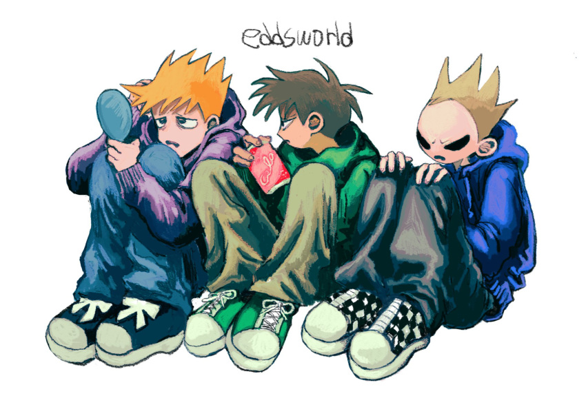 3boys, adjusting_hair, black_eyes, blue_hoodie, brown_hair, brown_pants, can, cola