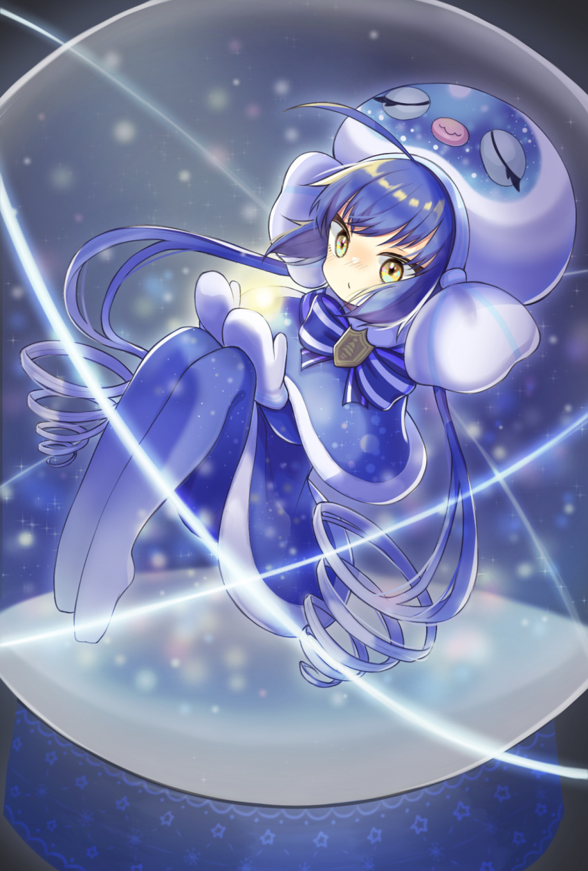 1girl, blue_bow, blue_bowtie, blue_capelet, blue_dress, blue_eyes, blue_hair, blue_headwear