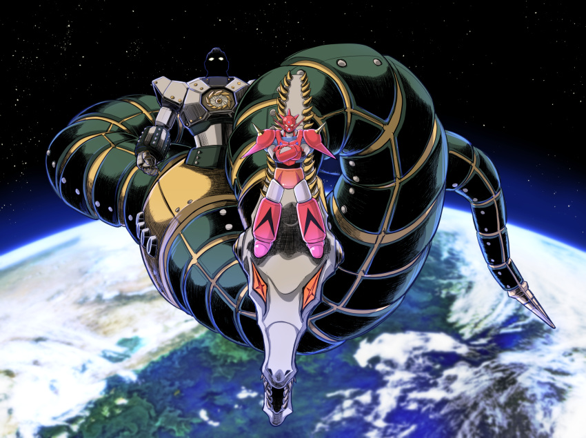 armor, blue_armor, crossed_arms, earth_(planet), facing_viewer, getter_dragon, getter_robo, getter_robo_g