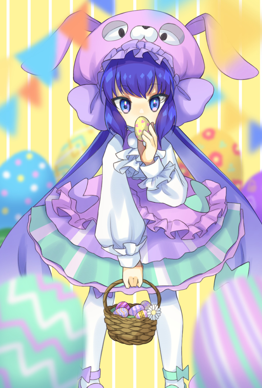 1girl, animal_hat, ascot, asymmetrical_footwear, basket, blue_eyes, blue_hair, blurry