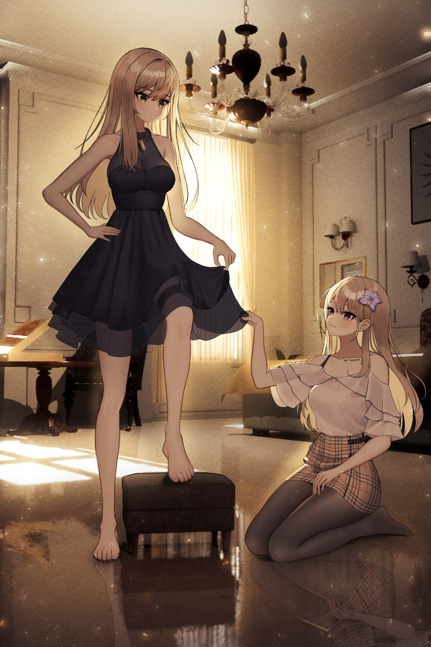 2girls, absurdres, bare_arms, bare_legs, bare_shoulders, barefoot, black_dress, black_pantyhose