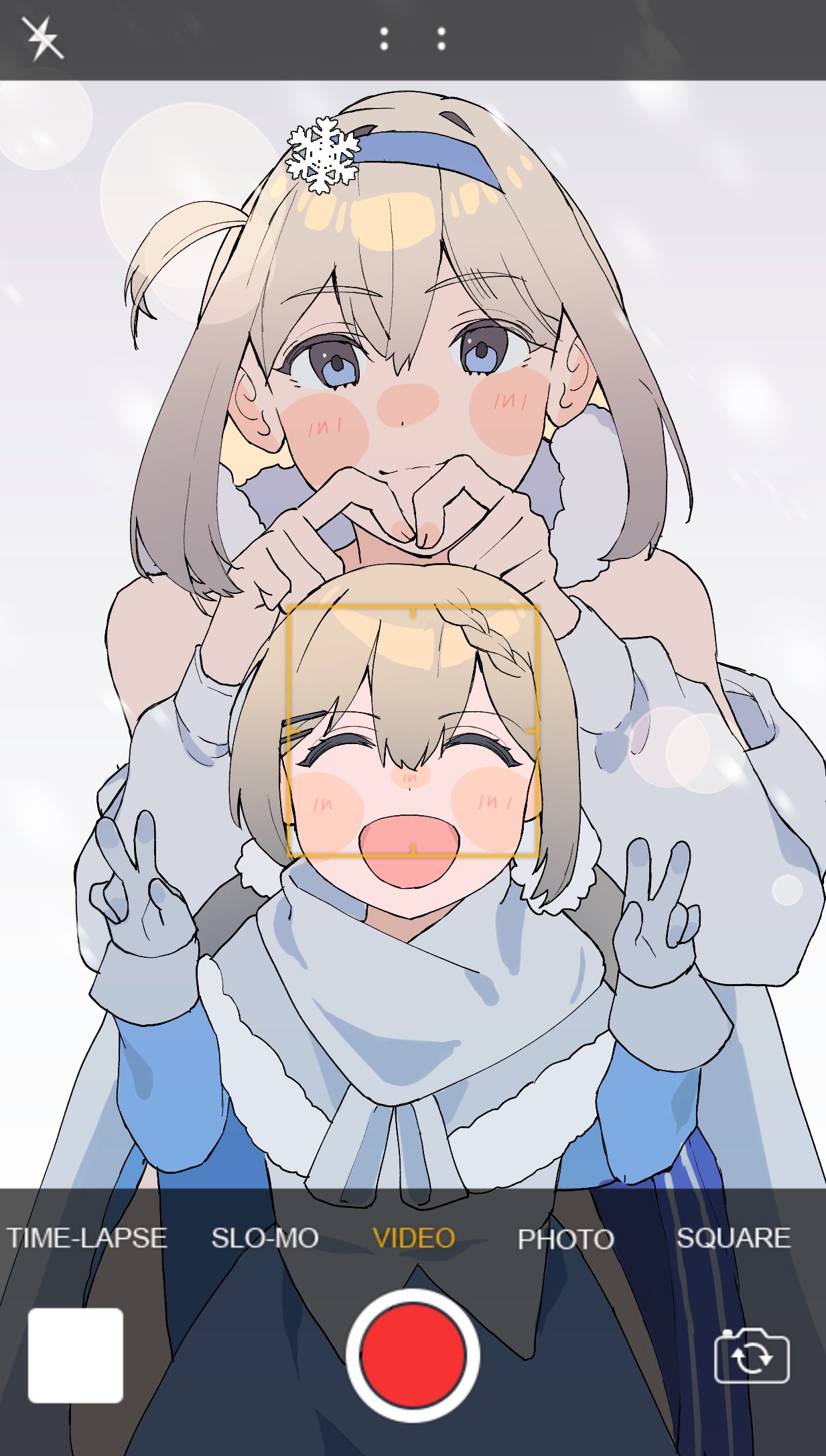 2girls, blonde_hair, blue_hairband, blush, closed_eyes, double_v, girls_frontline, hair_ornament, hairband, hairpin, heart, heart_hands, highres, looking_at_viewer, multiple_girls, multiple_hairpins, open_mouth, ppsh-41_(girls'_frontline), ppsh-41_(mod3)_(girls'_frontline), smile, snowflake_hair_ornament, straight-on, suomi_(girls'_frontline), suomi_(mod3)_(girls'_frontline), taking_picture, user_interface, v, yongsadragon
